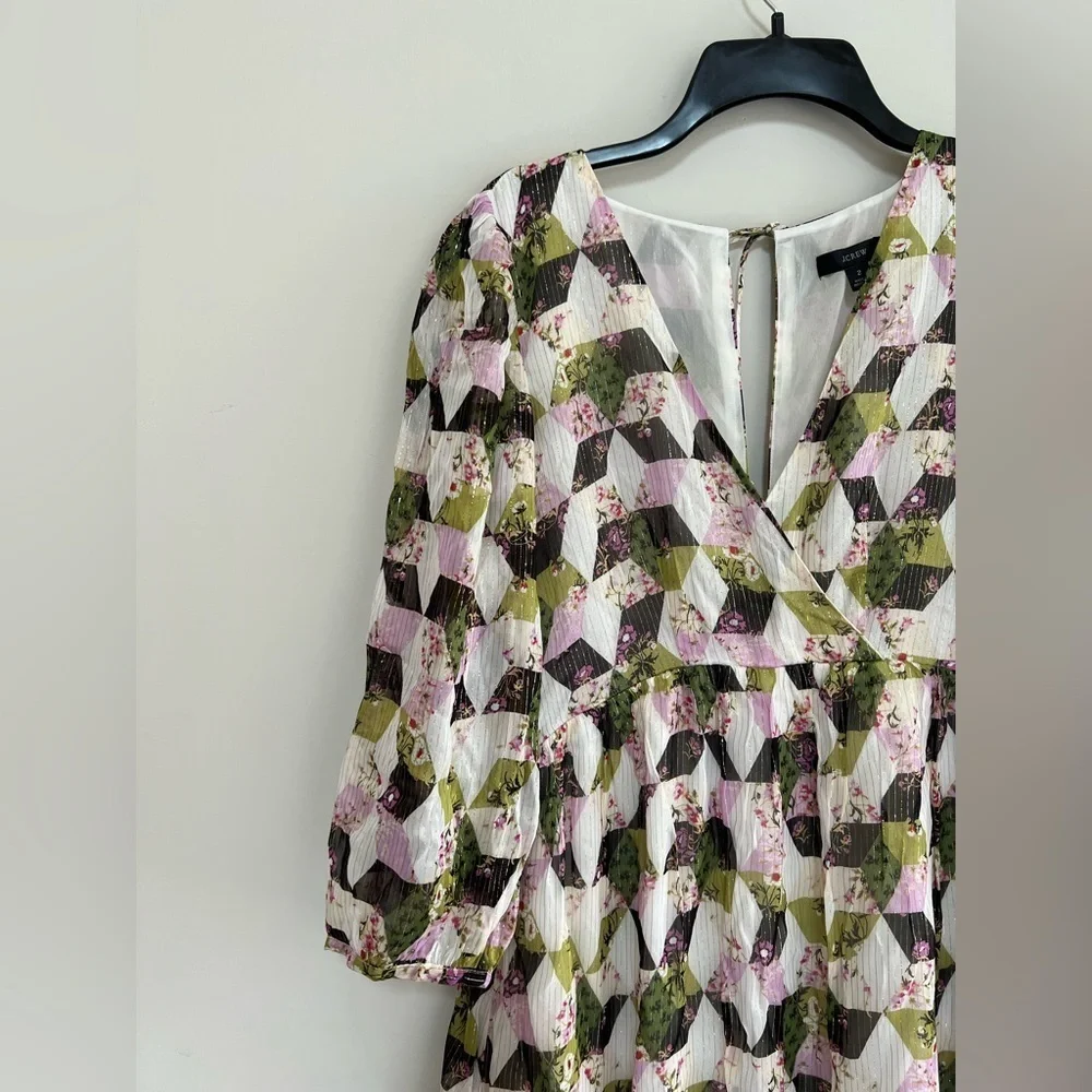 NWT J. Crew Lurex® Metallic Threads Chiffon Midi in Patchwork Print,  size 2